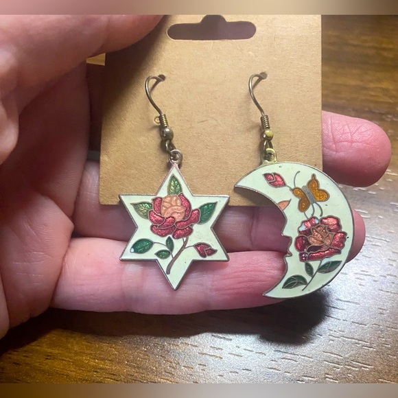 Jewelry - Vintage Moon & Stars Cloisonné Earrings With Roses
